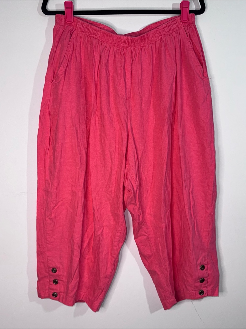 Coral Bay Pink Linen Blend Cropped Pants Women XL Pull On Capri Button Hem